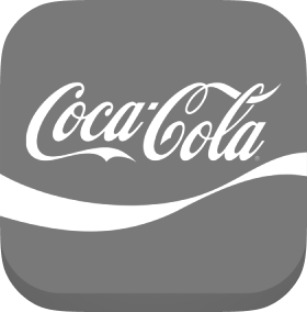 Coca-Cola logo with classic script and white wave on a gray rounded square background.