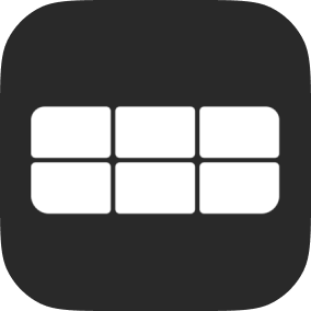 Icon showing six white rounded rectangles arranged in two rows on a dark square background.