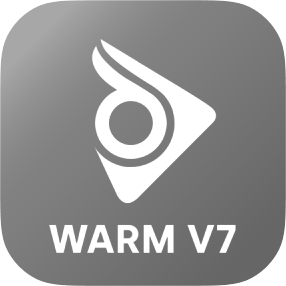 White abstract logo above text 'WARM V7' on a rounded gray square background.