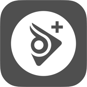 Abstract play button icon with a plus sign in a rounded square.